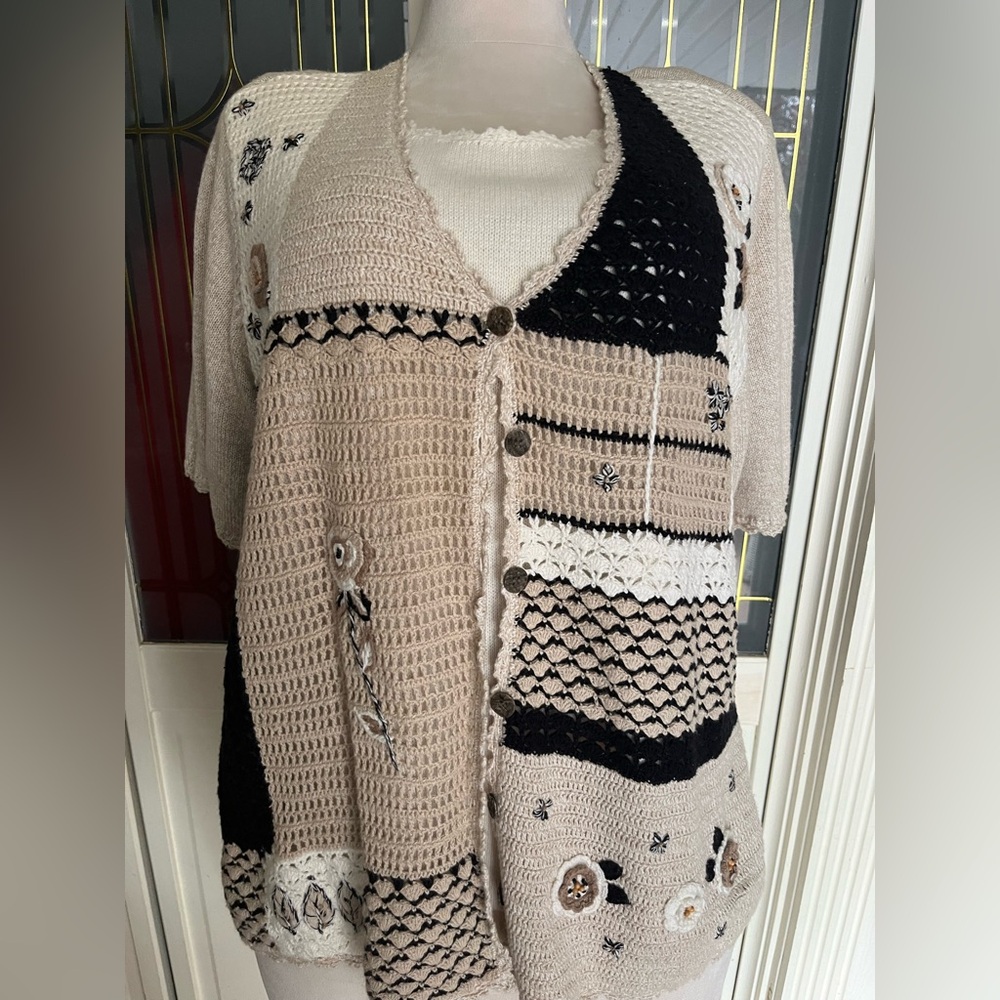Vintage Koret City Blues 1X Crochet Patchwork Cardigan Ramie Cotton Boho